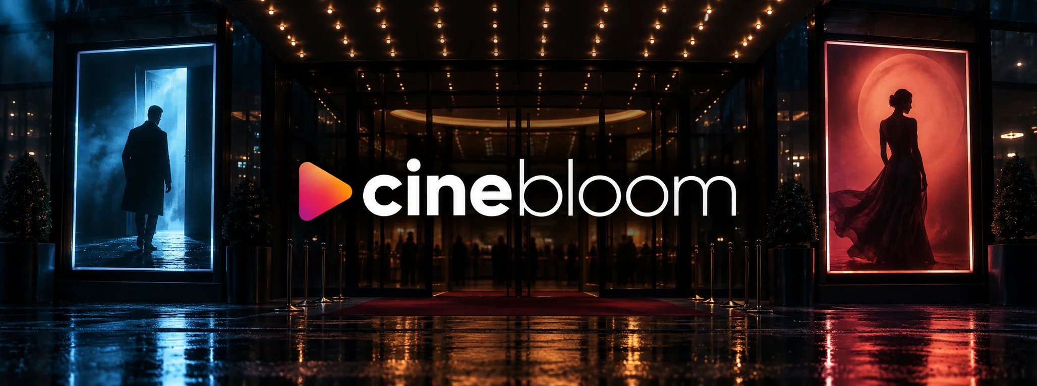 cinebloom white wordmark and warm play symbol at an original dark cinema entrance
